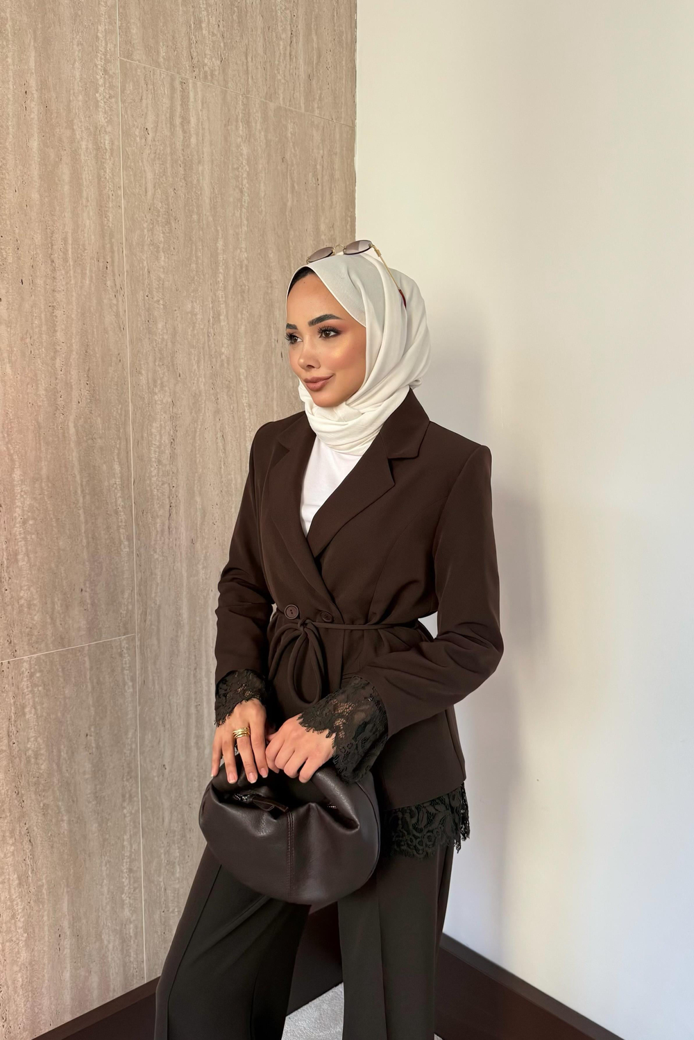 Dantelli Blazer Ceketli Pantolonlu Takım - Kahve