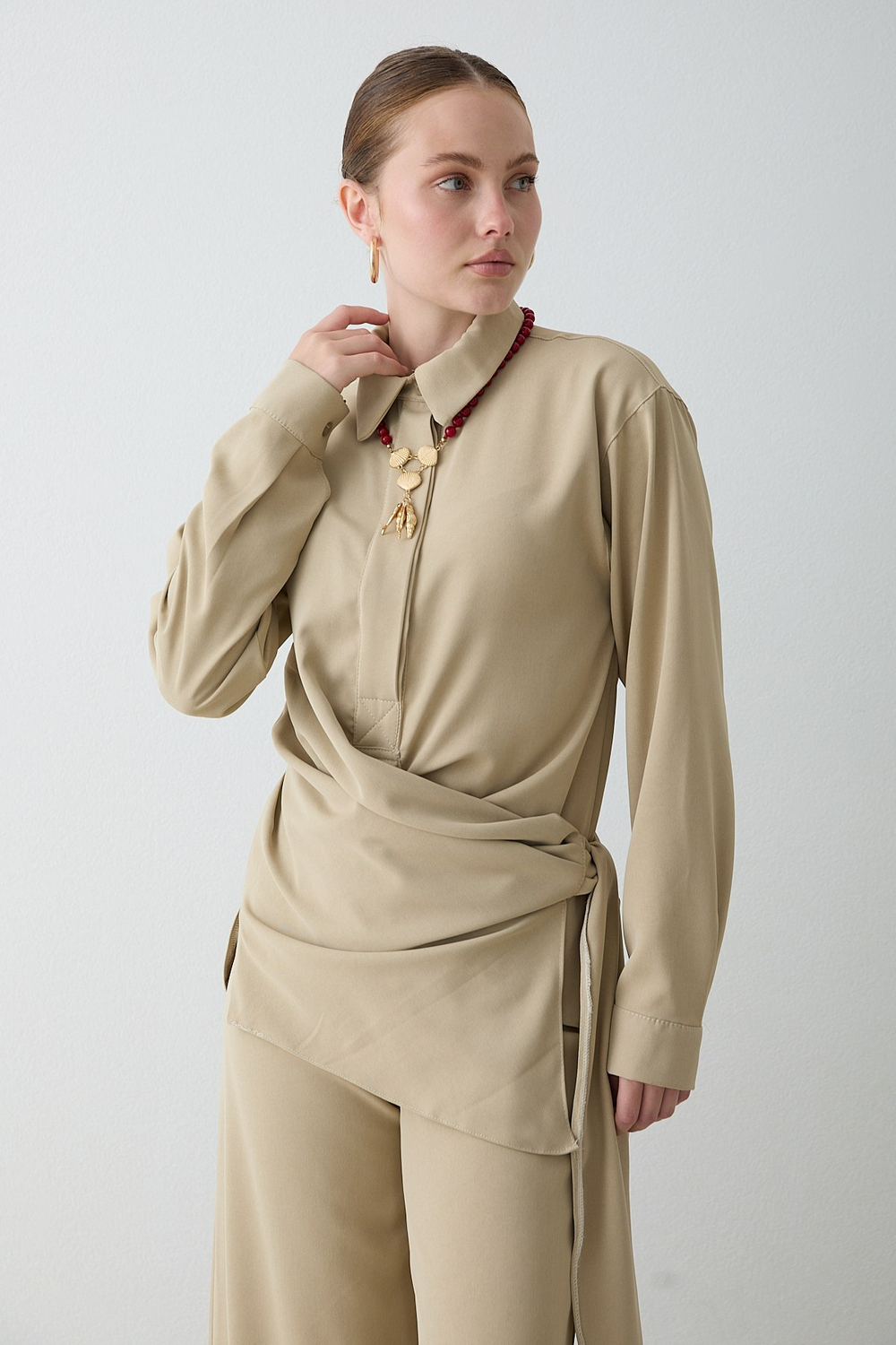 Drape Bağlamalı Pantolonlu Takım - Çağla