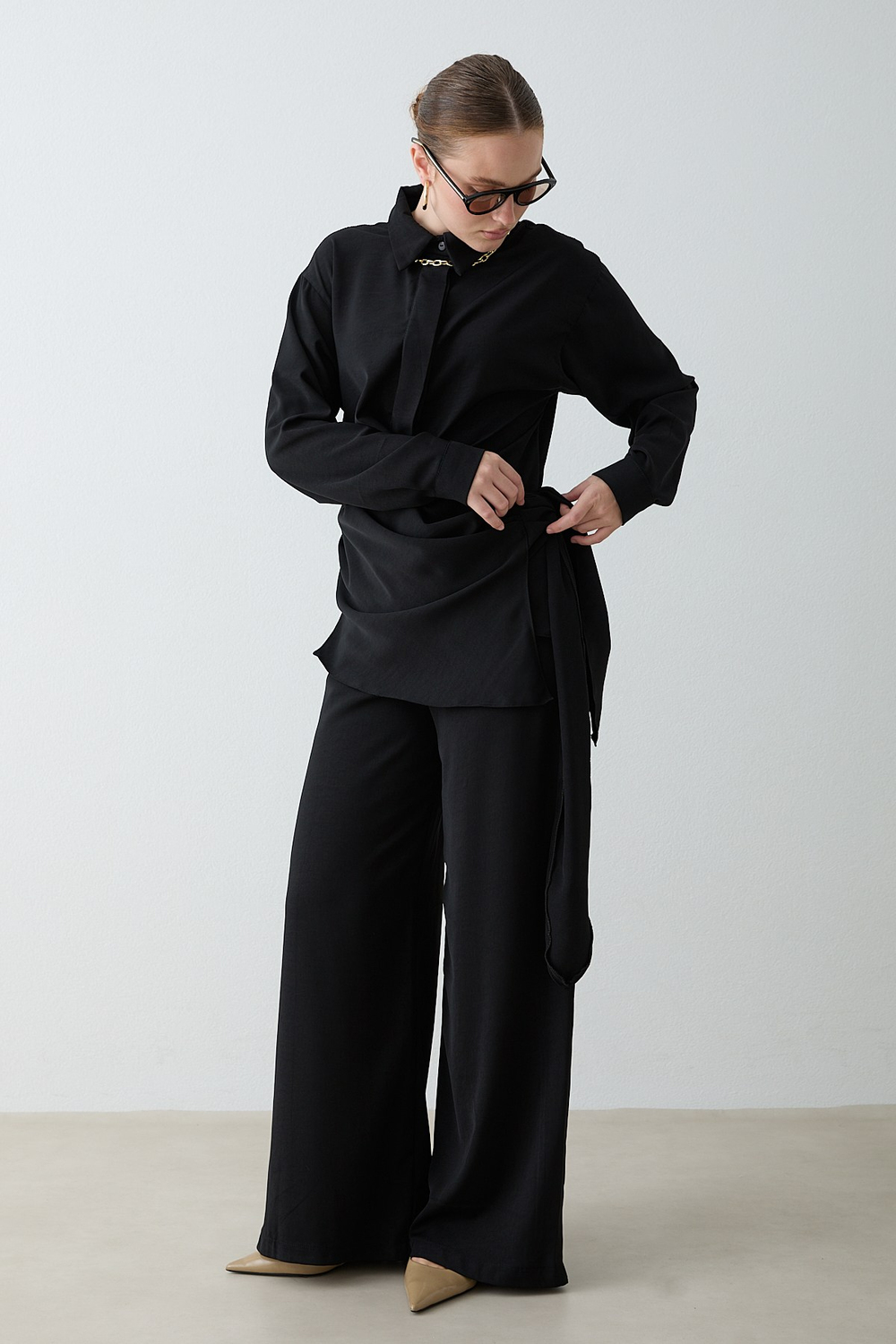 Drape Bağlamalı Pantolonlu Takım - Siyah