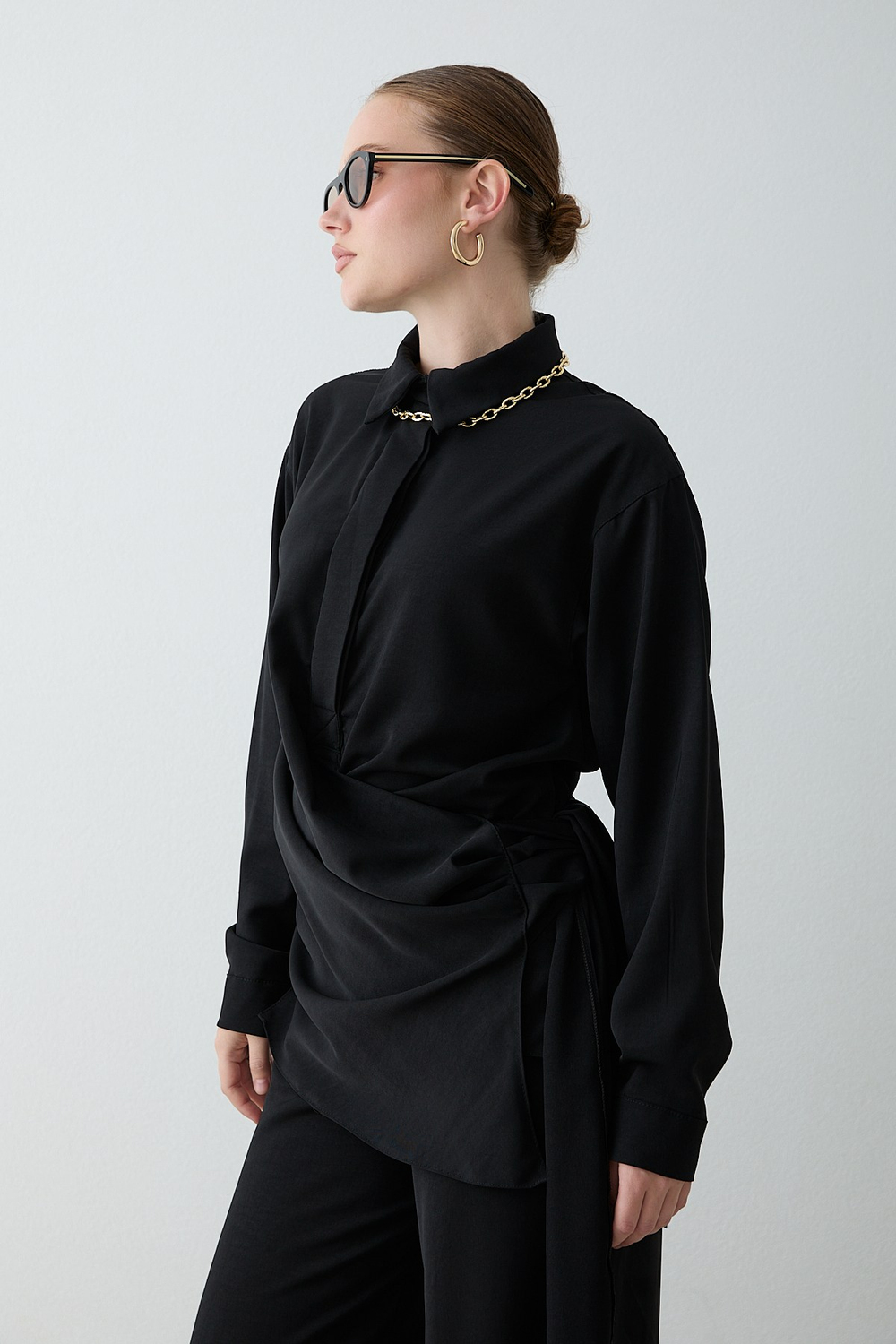 Drape Bağlamalı Pantolonlu Takım - Siyah