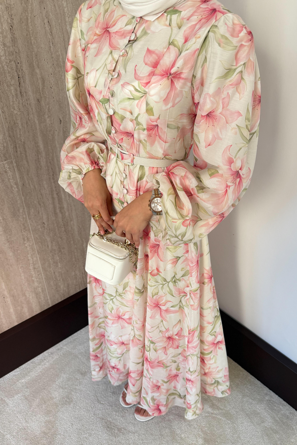 Düğmeli Çiçek Desenli Elbise - Pembe