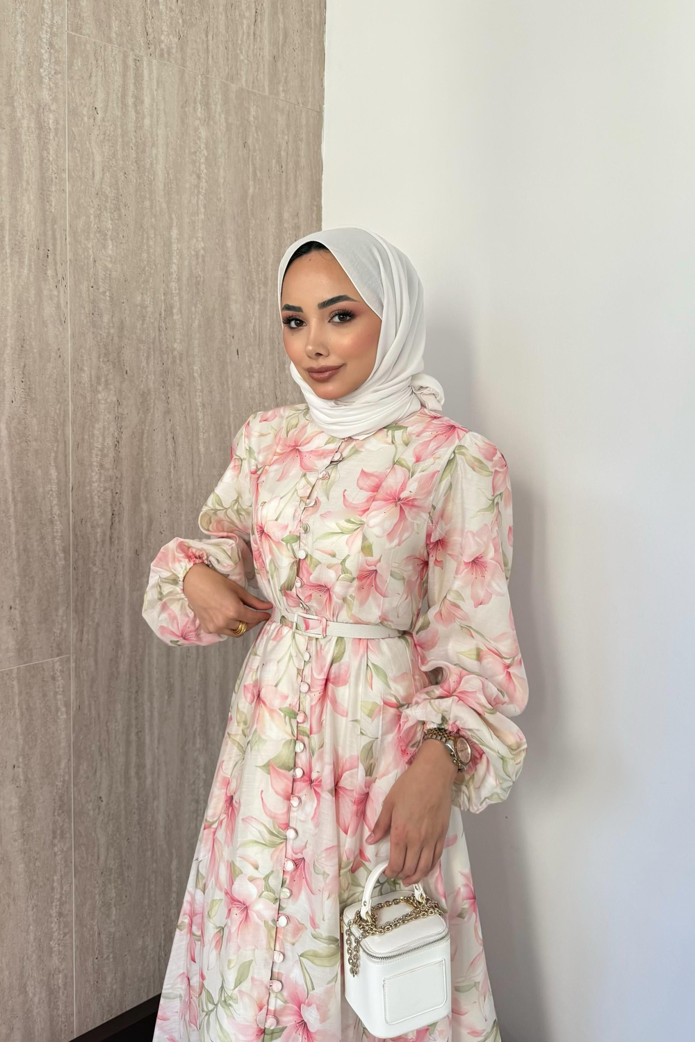 Düğmeli Çiçek Desenli Elbise - Pembe