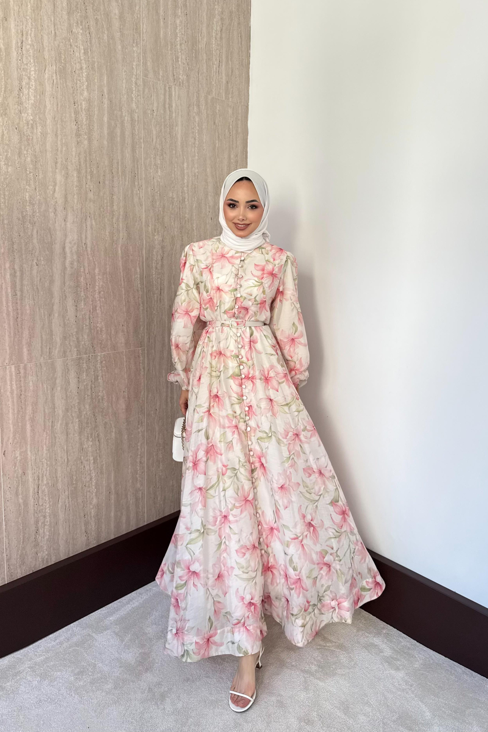 Düğmeli Çiçek Desenli Elbise - Pembe