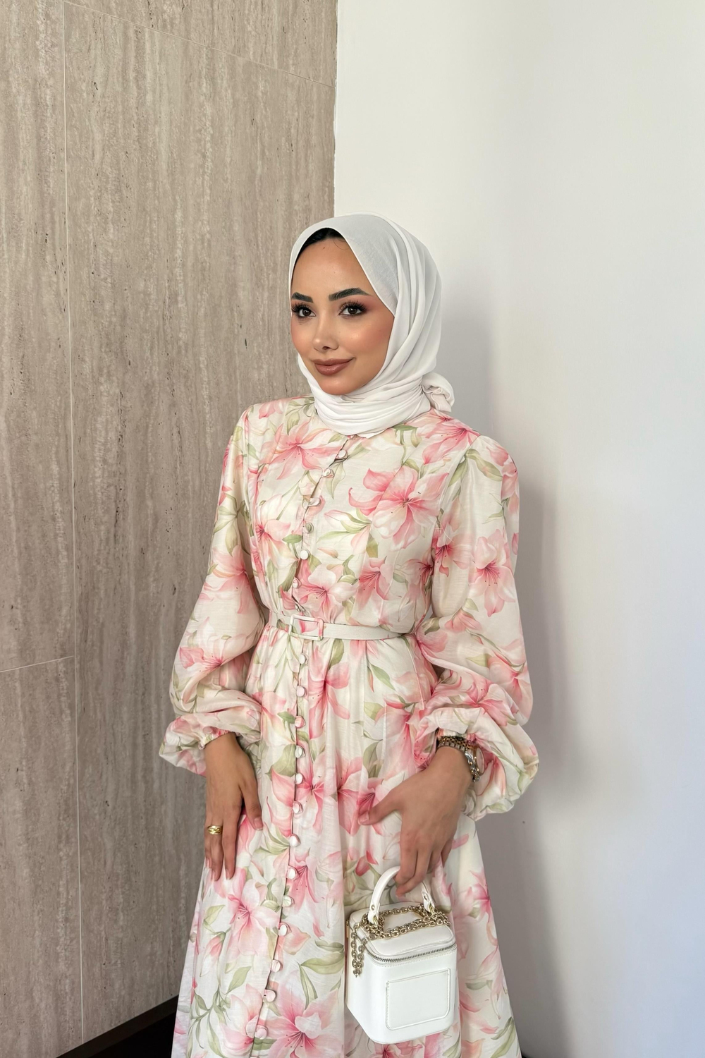 Düğmeli Çiçek Desenli Elbise - Pembe