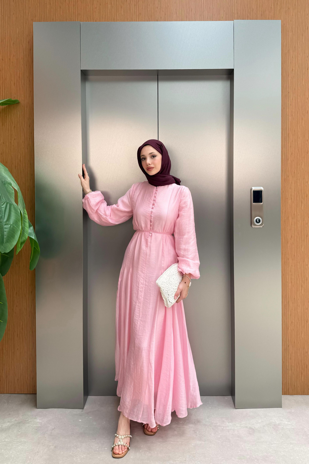 Düğmeli Şifon Elbise - Pembe