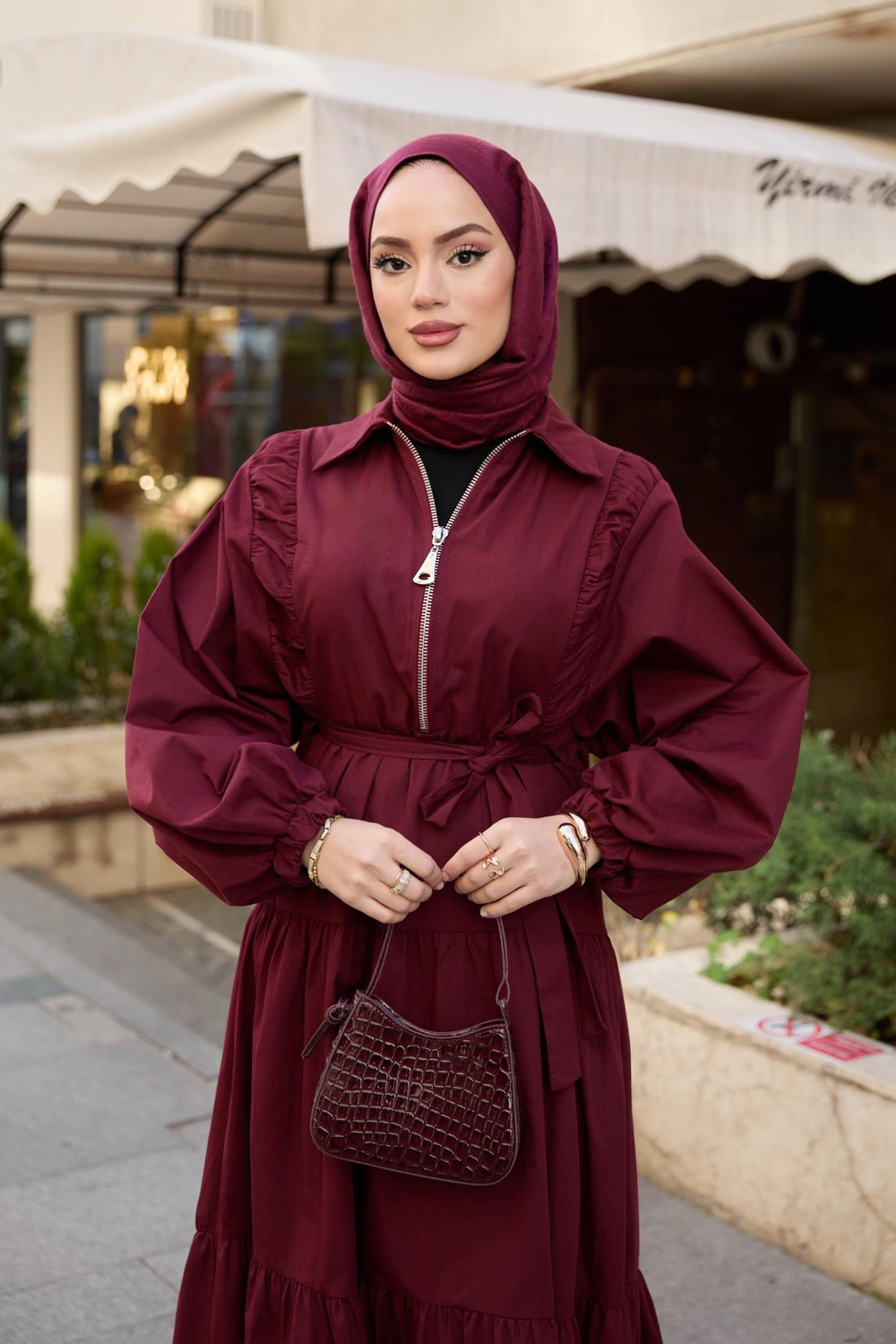 Fermuarlı Balon Kol Elbise - Bordo