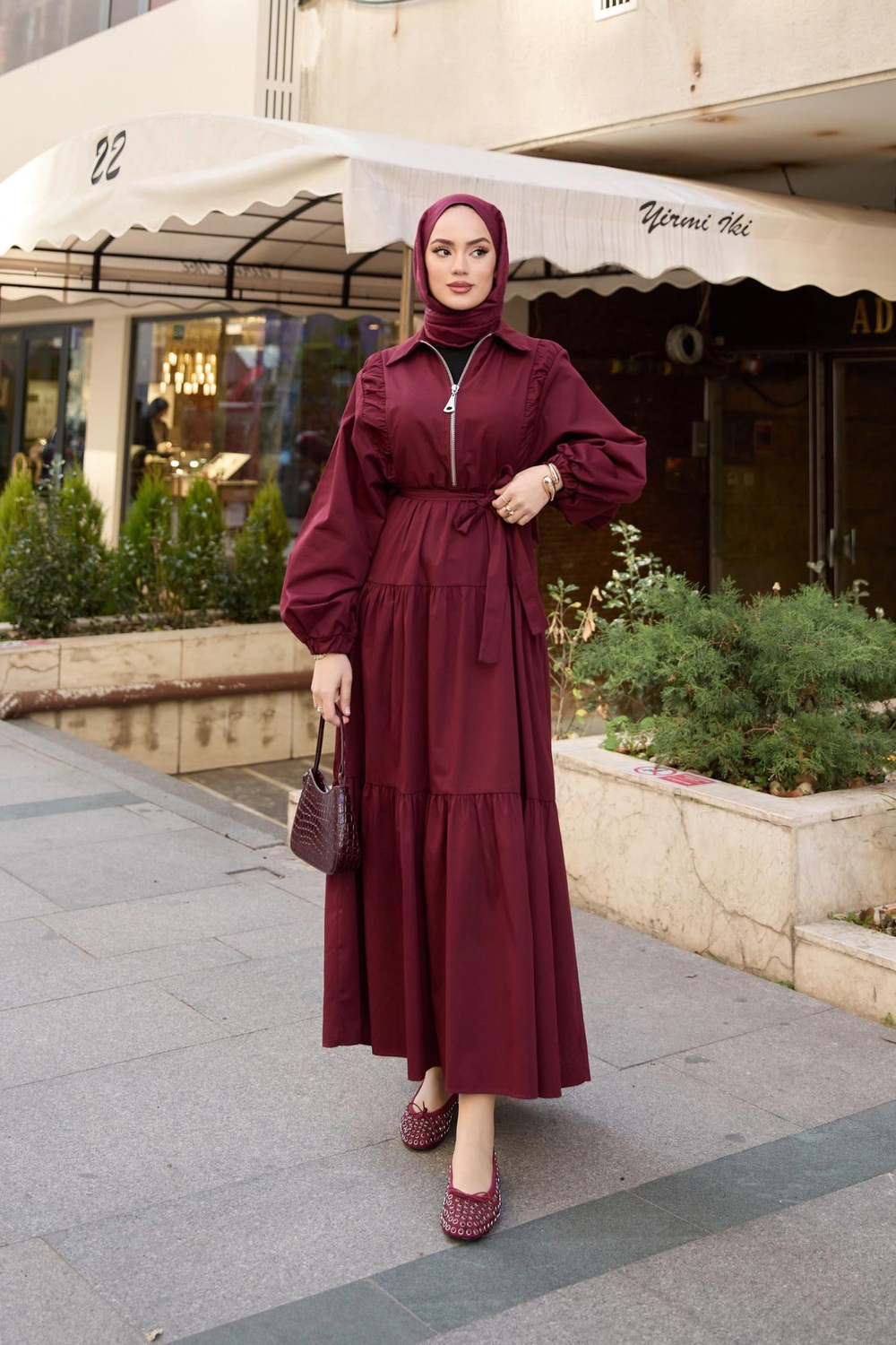 Fermuarlı Balon Kol Elbise - Bordo