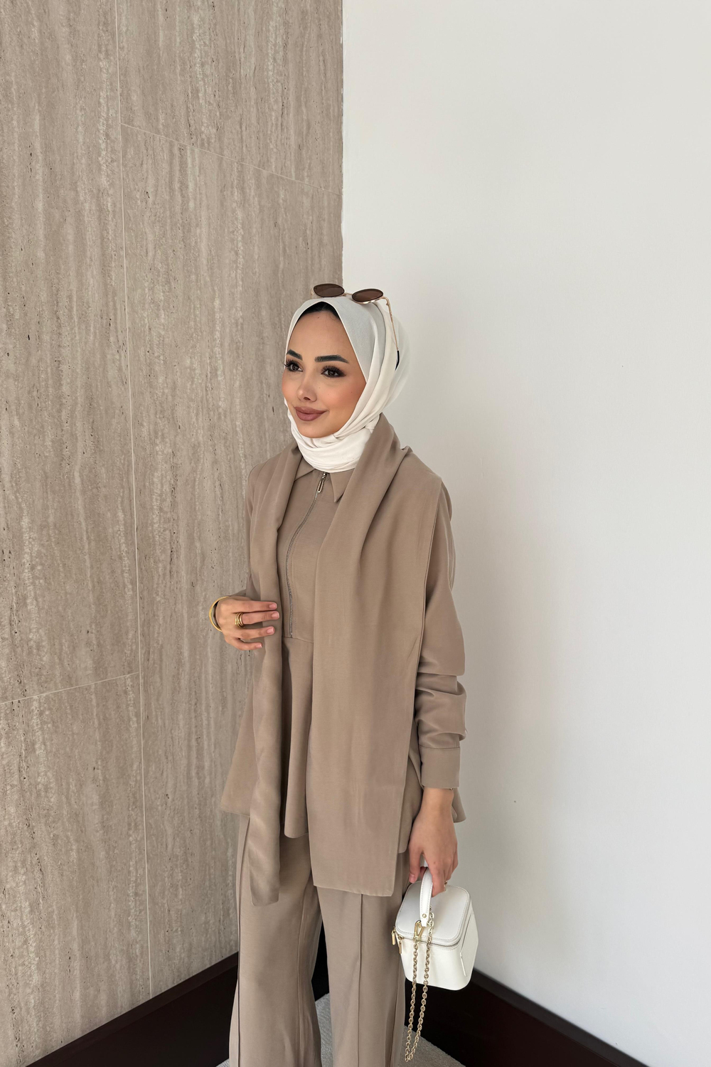 Fermuarlı Modal Pantolonlu Takım - Bej