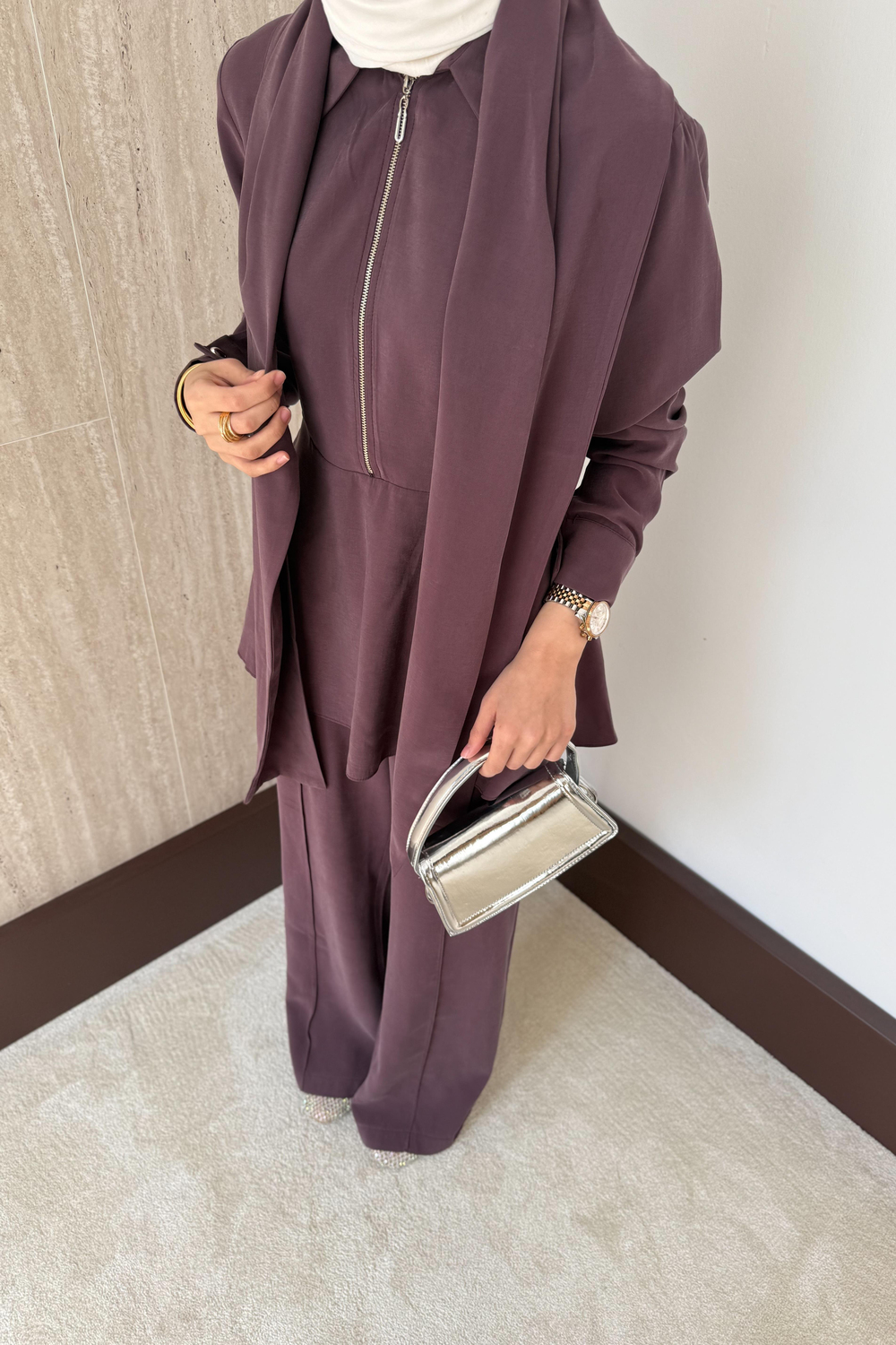 Fermuarlı Modal Pantolonlu Takım - Mürdüm