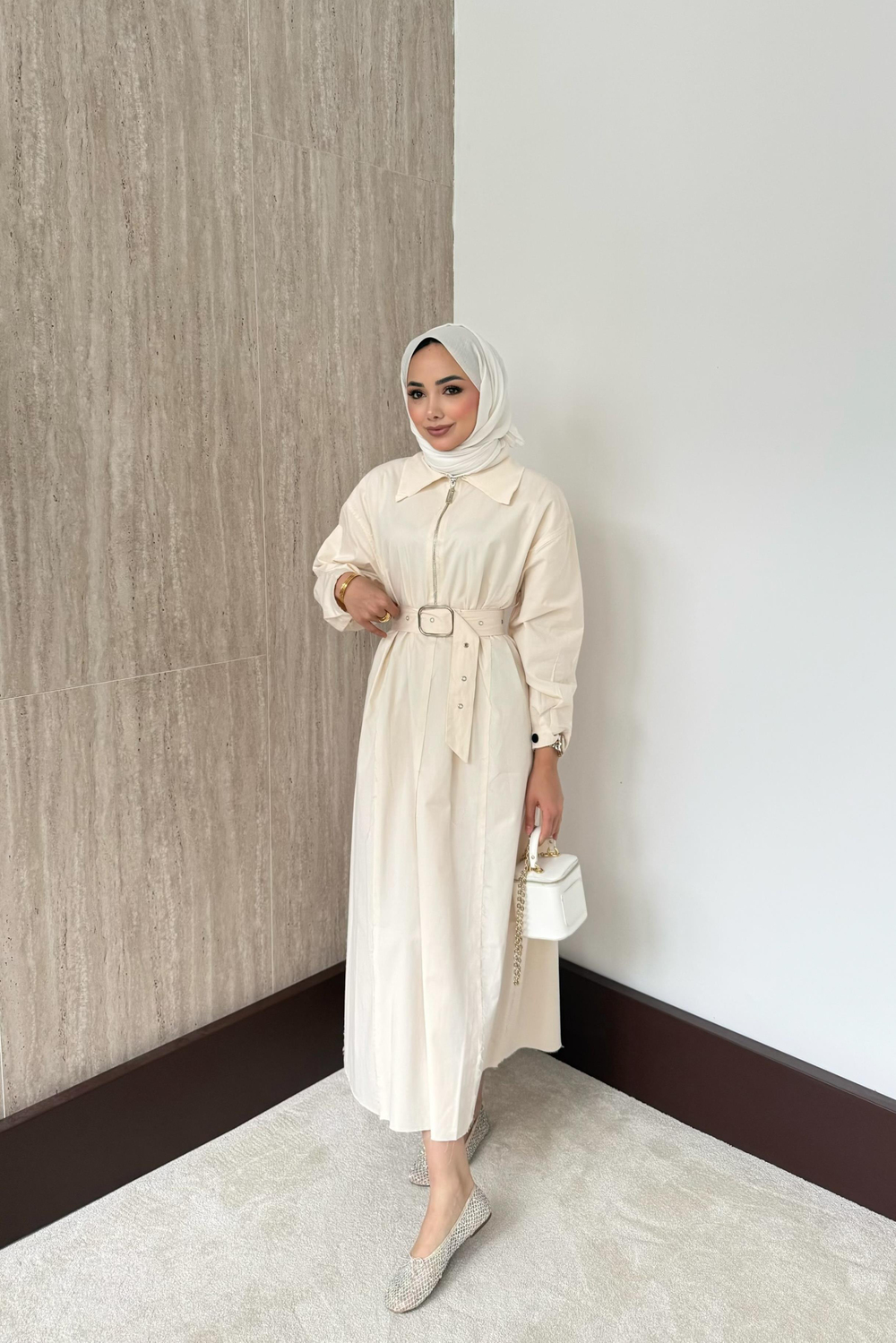 Fermuarlı Oversize Elbise - Krem