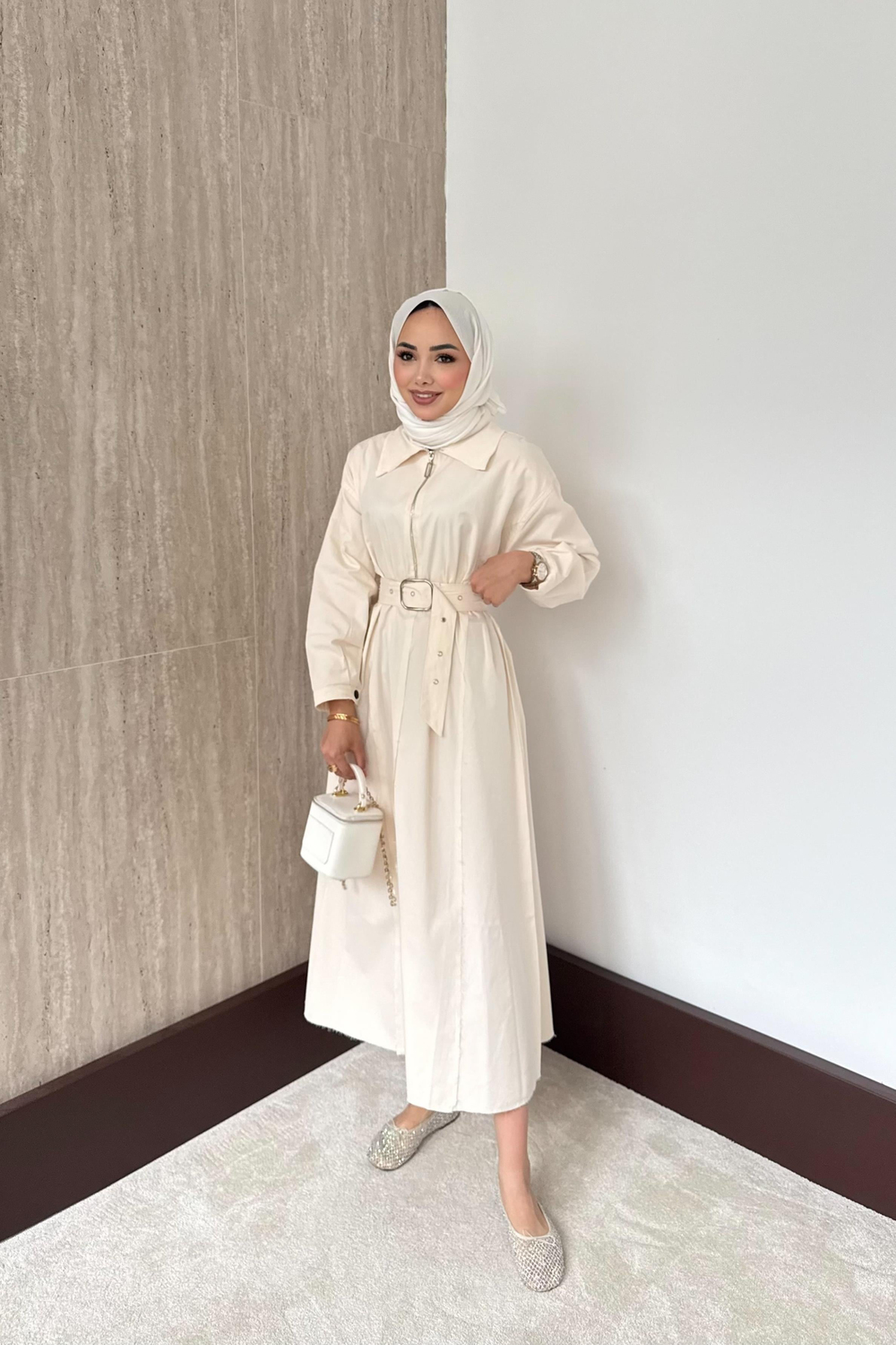 Fermuarlı Oversize Elbise - Krem