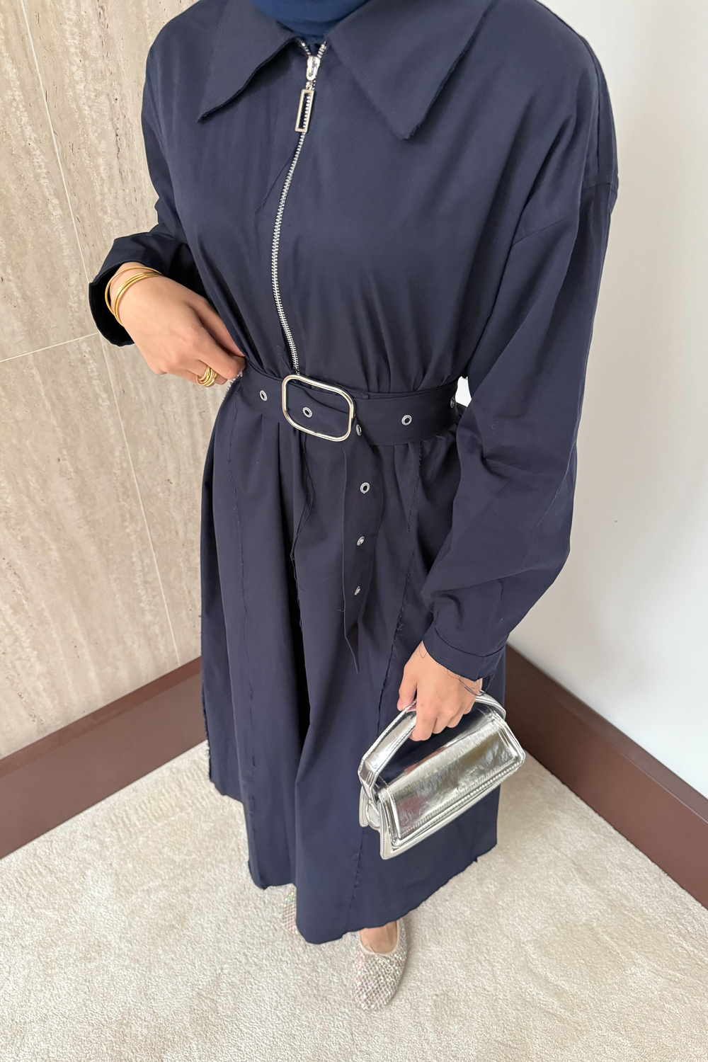 Fermuarlı Oversize Elbise - Lacivert