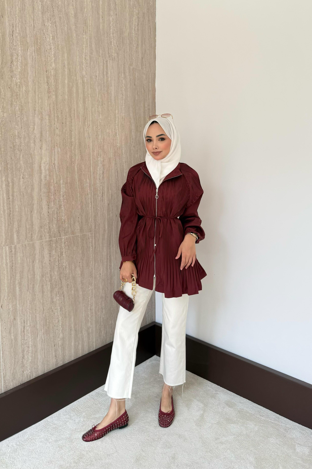 Fermuarlı Piliseli Trenç - Bordo