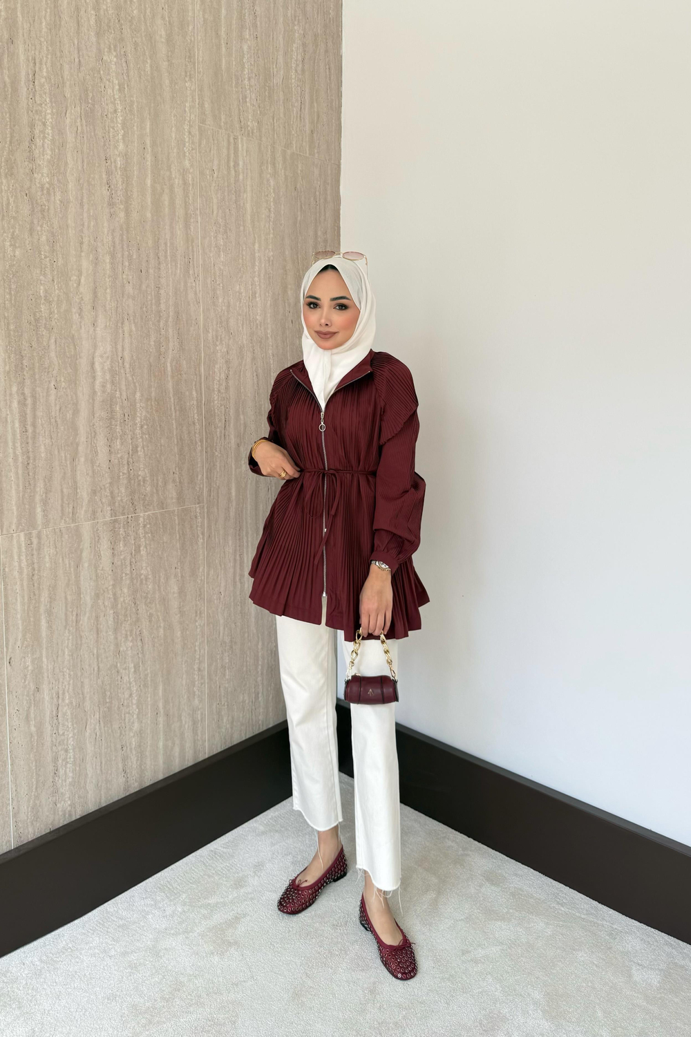 Fermuarlı Piliseli Trenç - Bordo