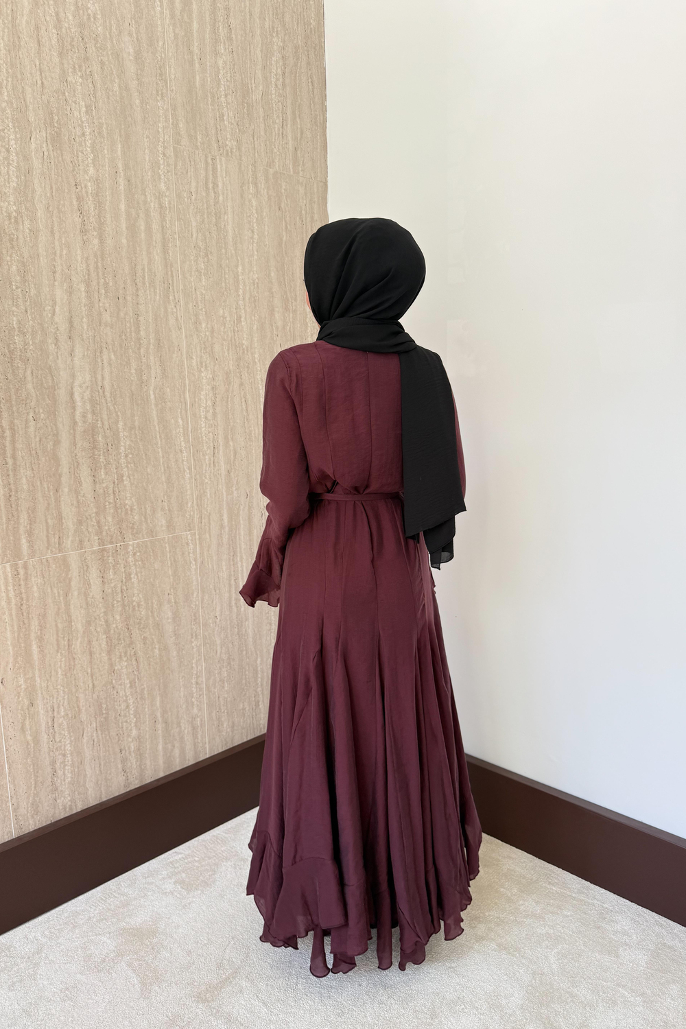 Fırfır Kol Düğmeli Vual Elbise - Bordo
