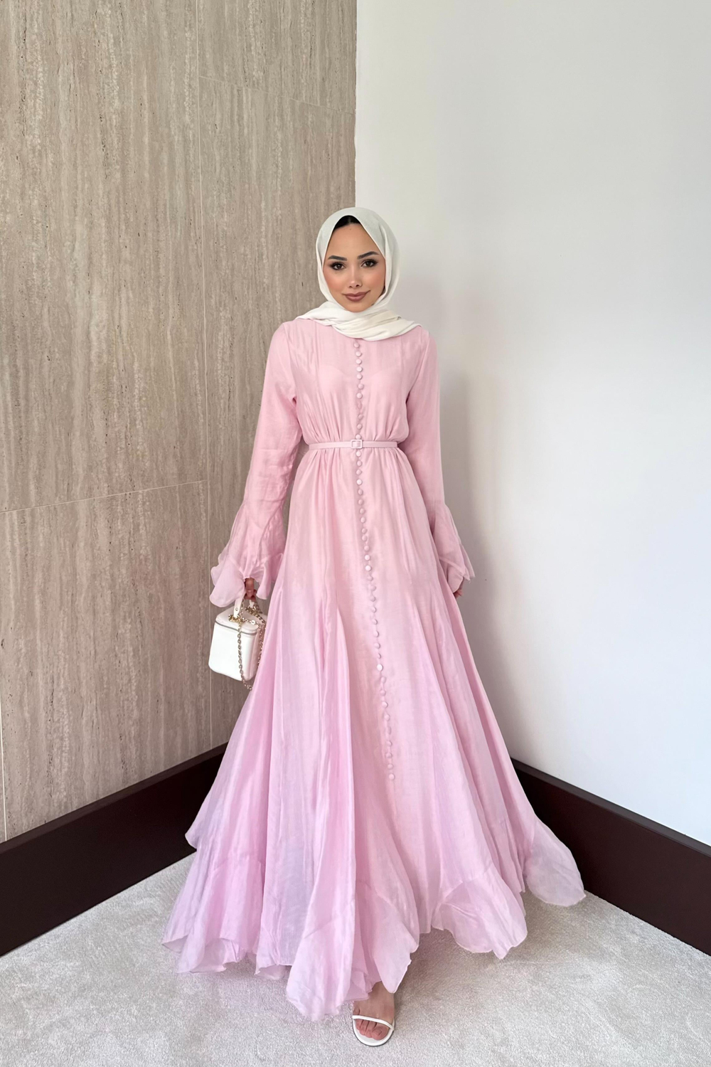 Fırfır Kol Düğmeli Vual Elbise - Pembe