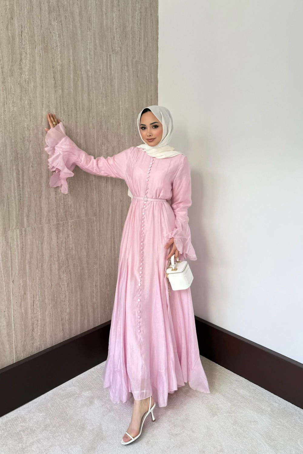 Fırfır Kol Düğmeli Vual Elbise - Pembe