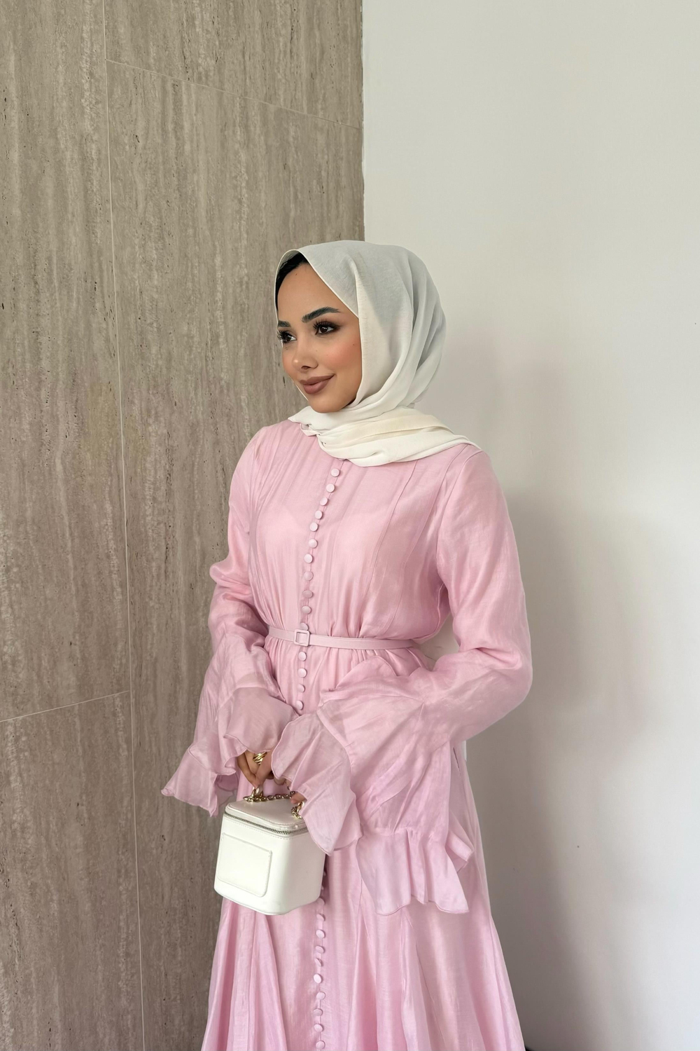 Fırfır Kol Düğmeli Vual Elbise - Pembe