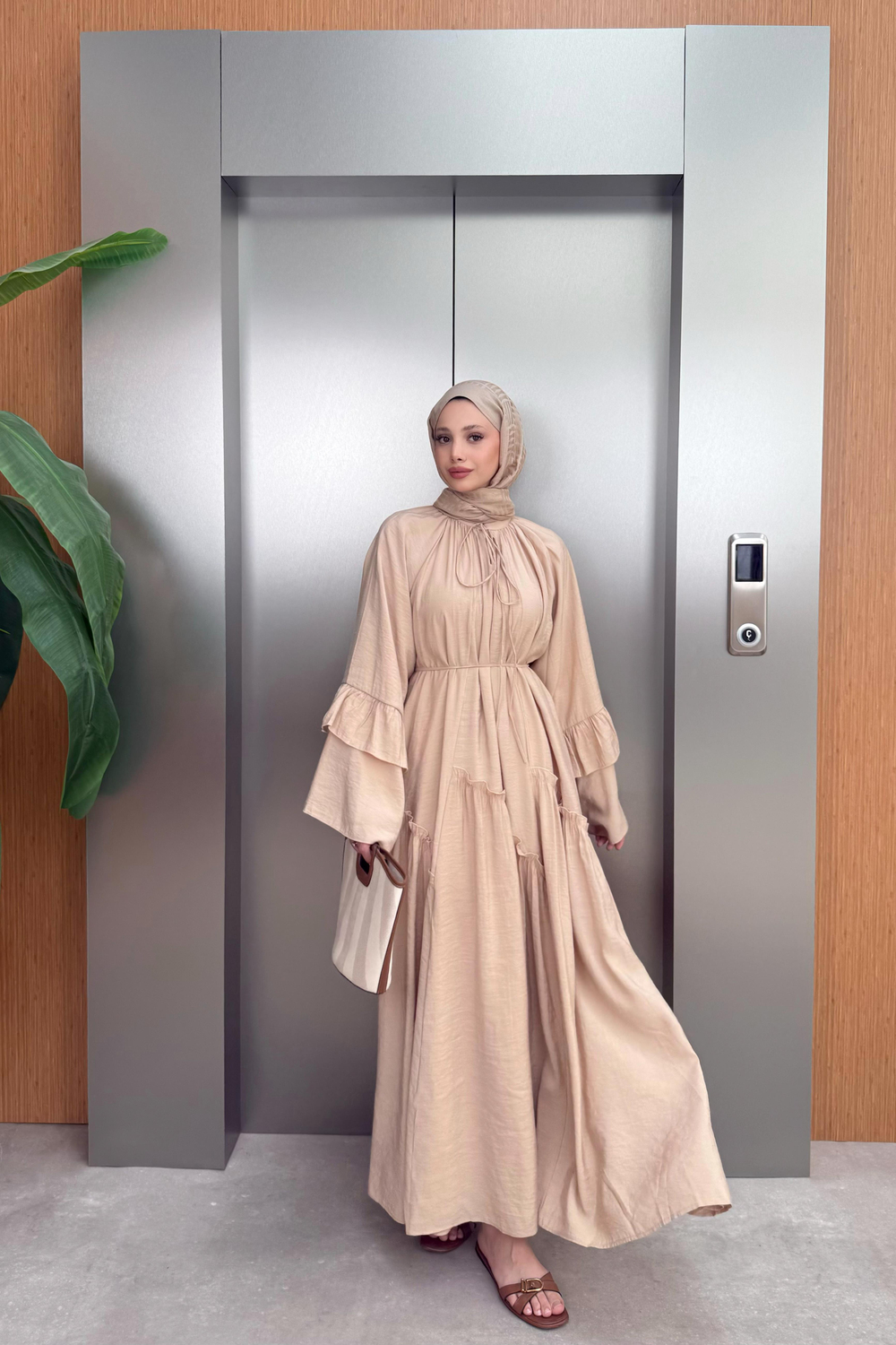 Ruffle Sleeve Voile Dress - Beige