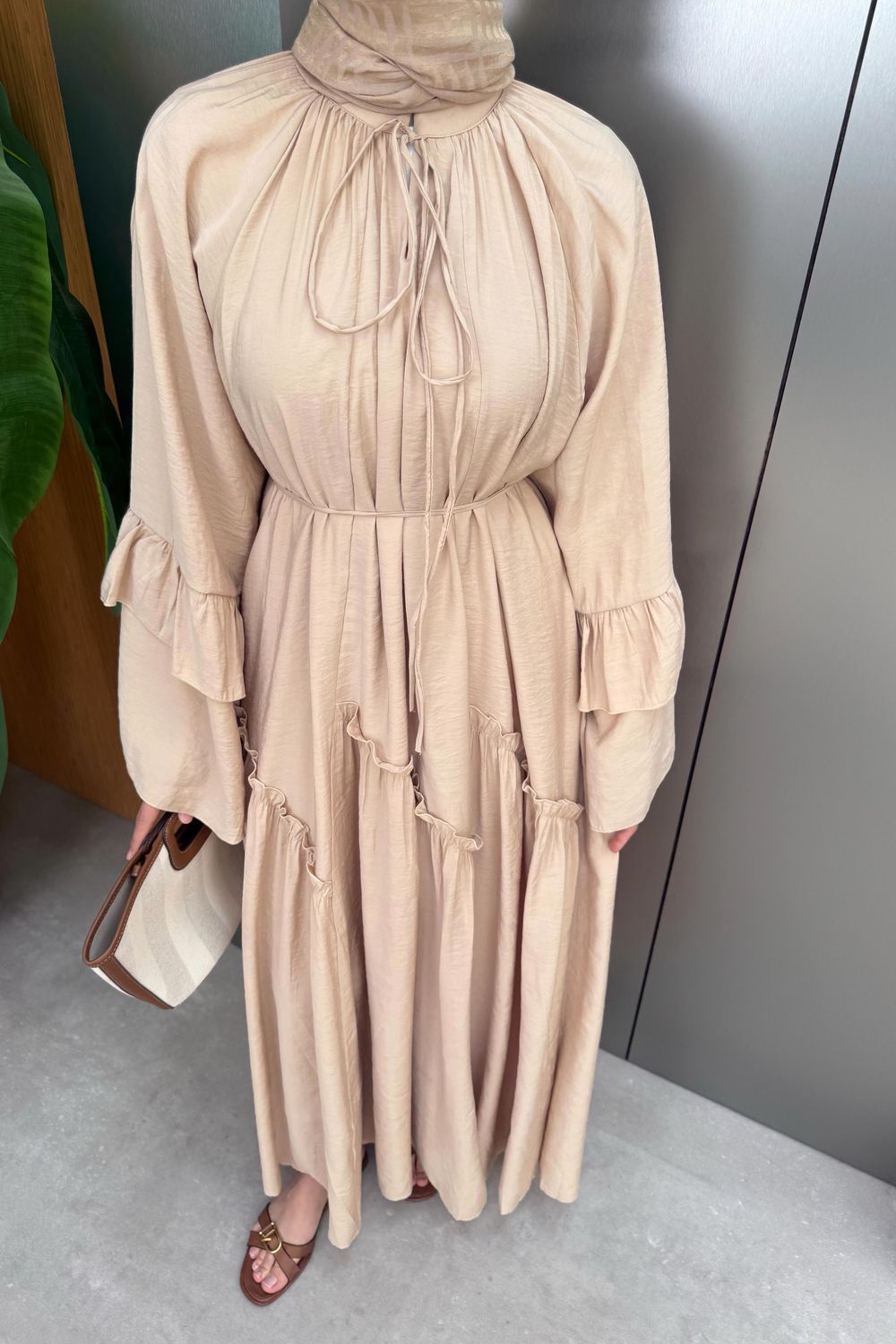 Ruffle Sleeve Voile Dress - Beige