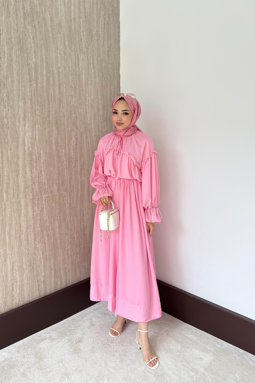 Fırfırlı Şifon Pantolonlu Takım - Pembe
