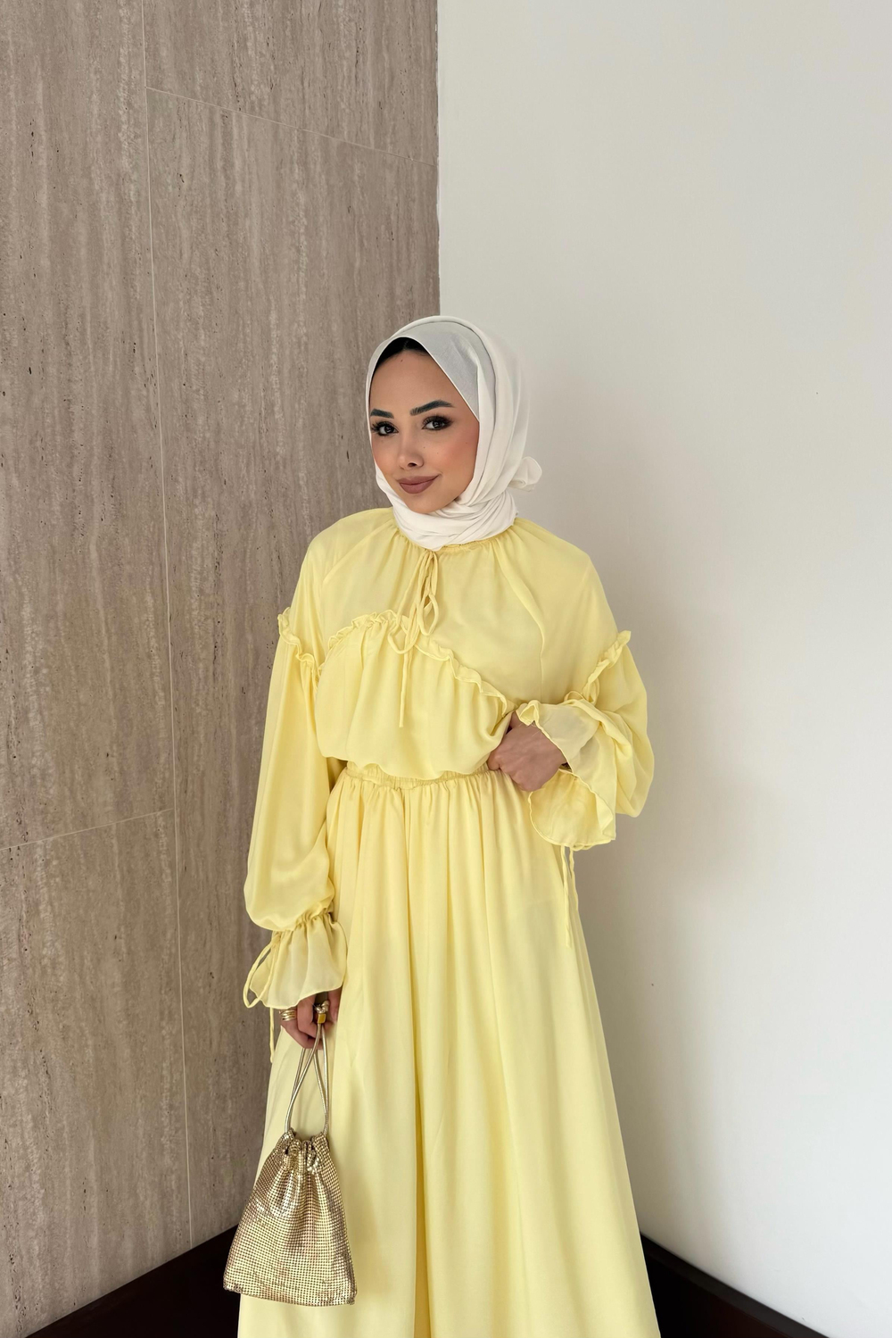 Fırfırlı Şifon Pantolonlu Takım - Sarı