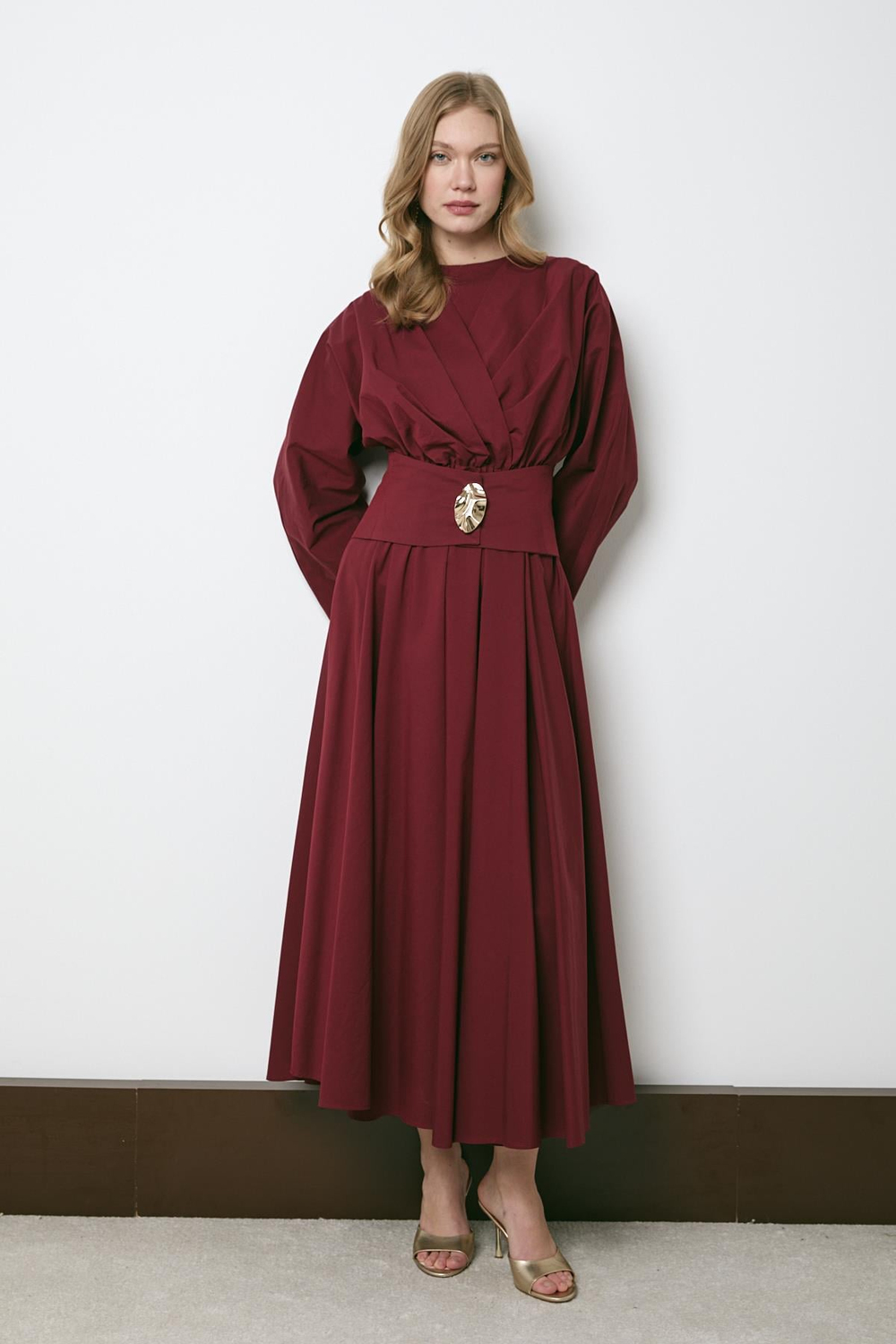 Gold Aksesuarlı Poplin Elbise - Bordo
