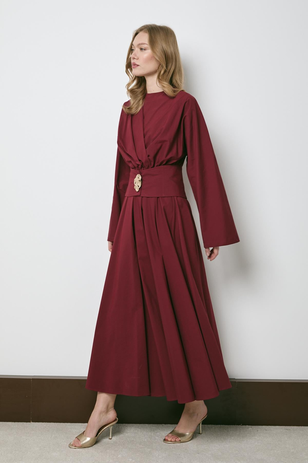Gold Aksesuarlı Poplin Elbise - Bordo