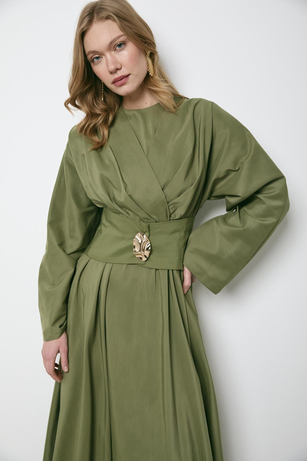 Gold Aksesuarlı Poplin Elbise - Haki