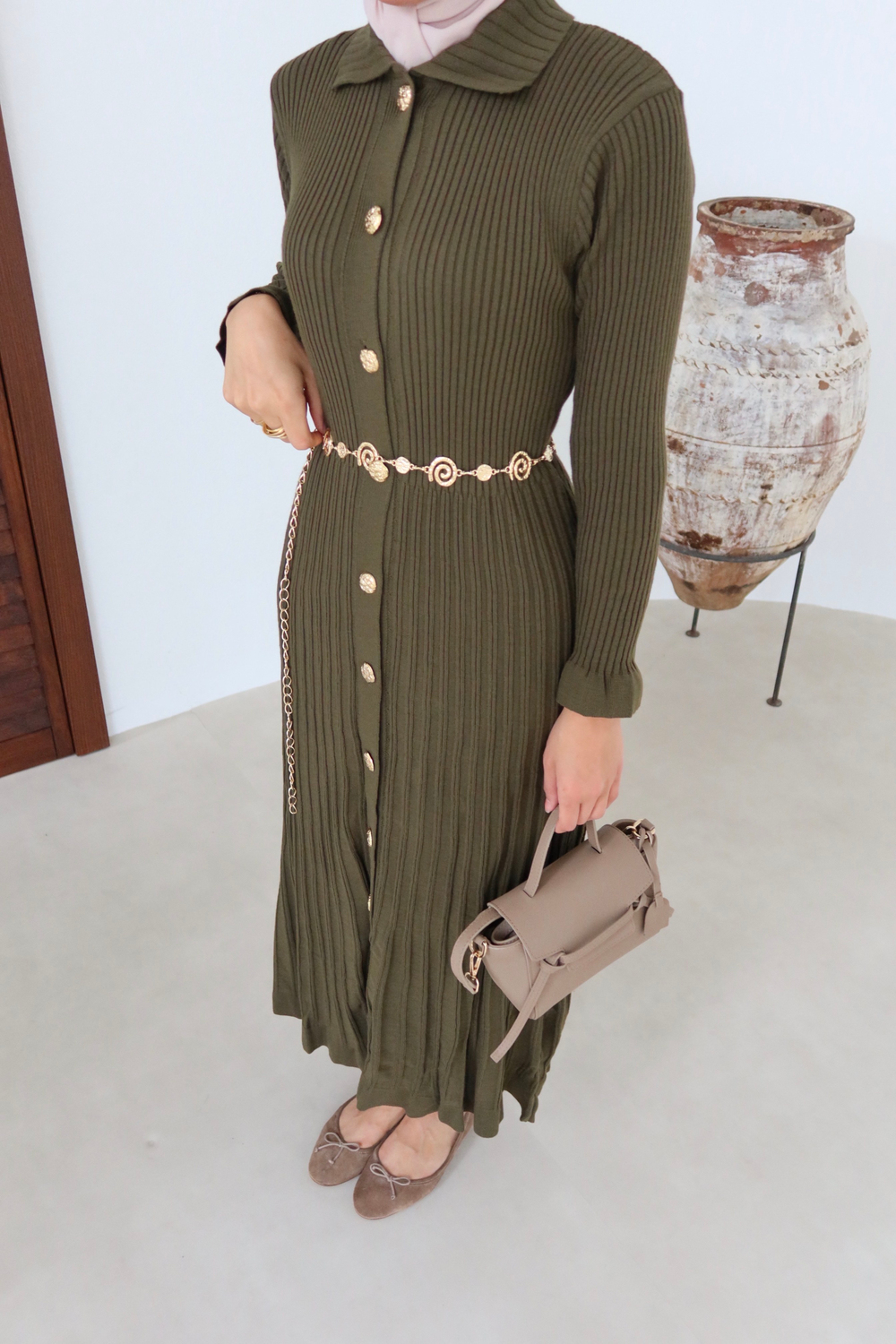 Gold Buttoned Knit Dress - Green