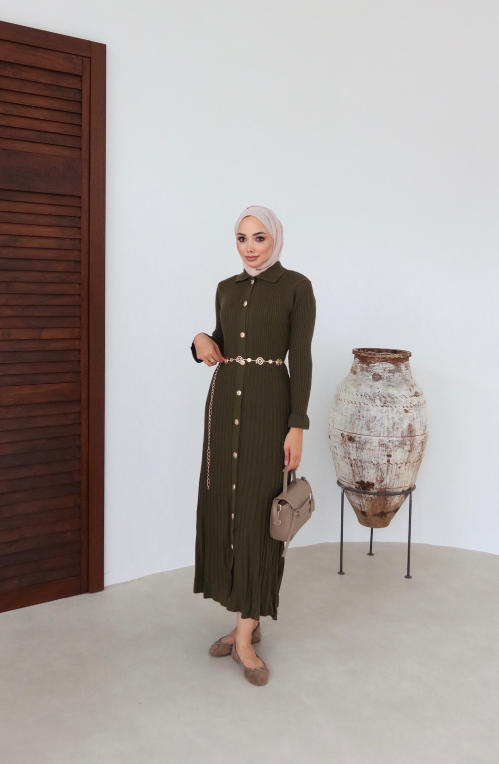 Gold Buttoned Knit Dress - Green