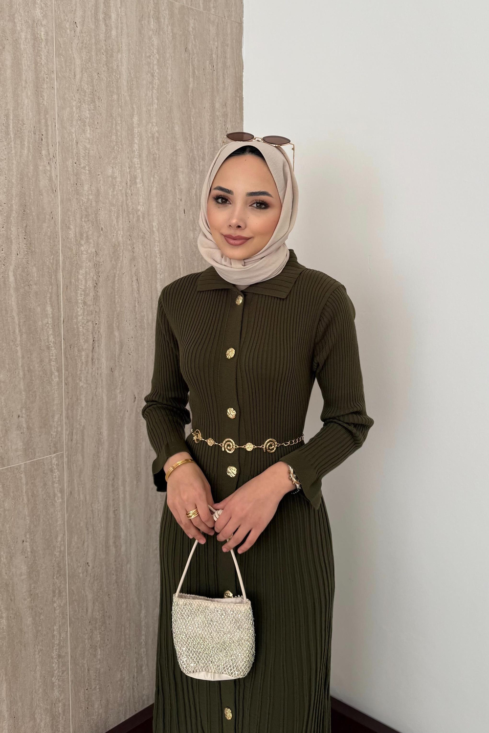 Gold Düğmeli Triko Elbise - Haki