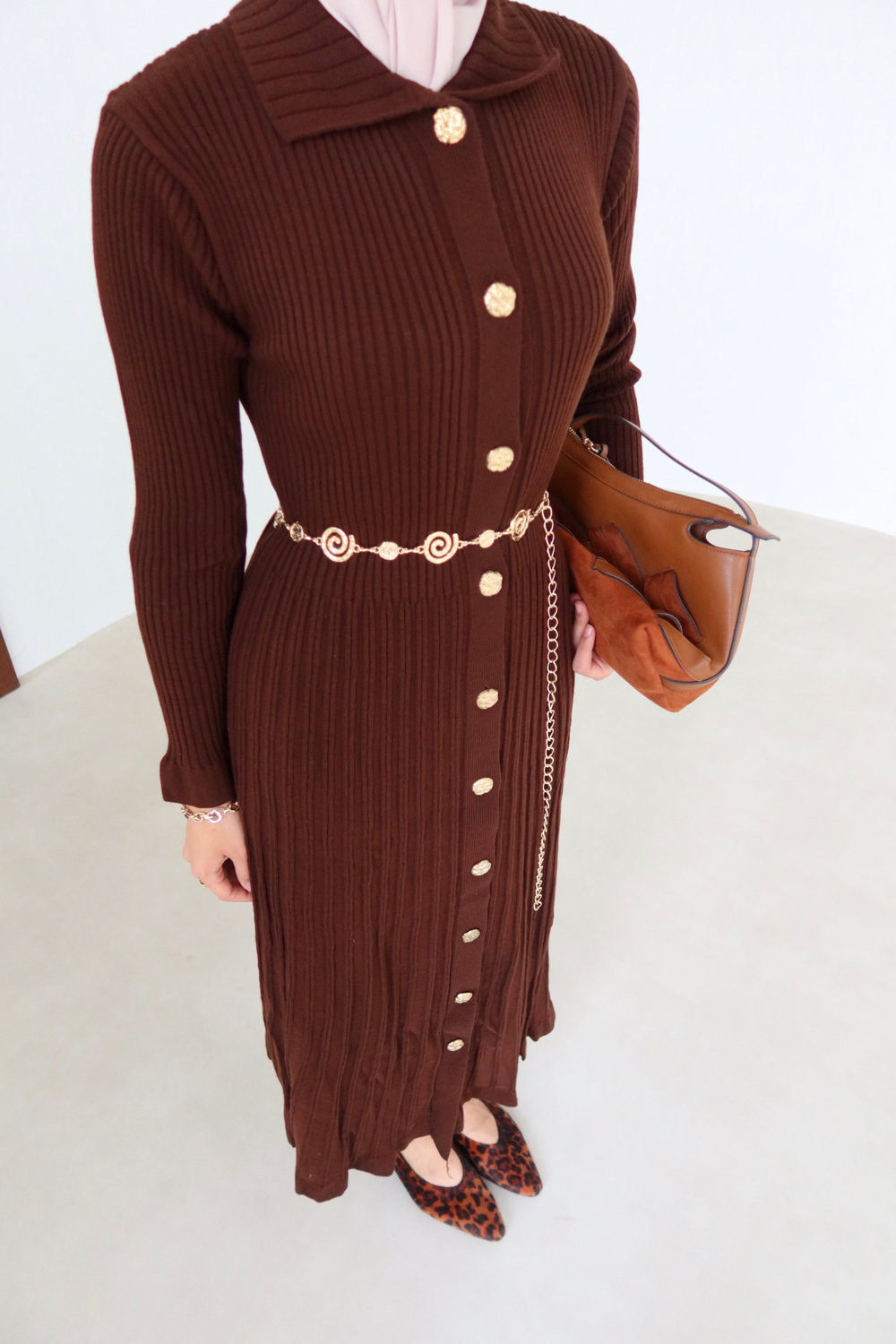 Gold Buttoned Knit Dress - Brown