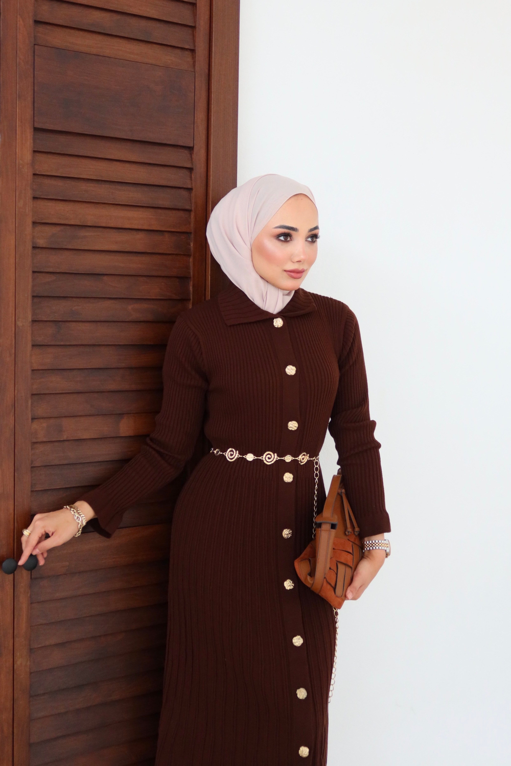 Gold Buttoned Knit Dress - Brown