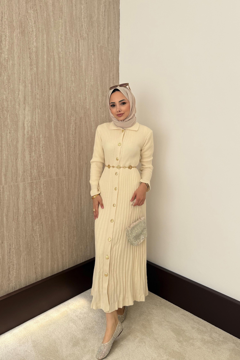 Gold Düğmeli Triko Elbise - Krem