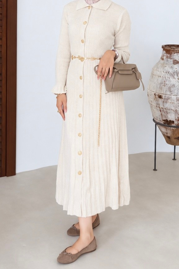 Gold Buttoned Knit Dress - Beige