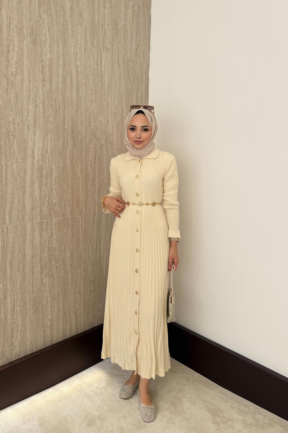 Gold Düğmeli Triko Elbise - Krem