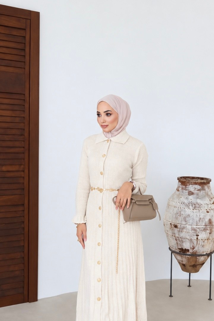 Gold Buttoned Knit Dress - Beige
