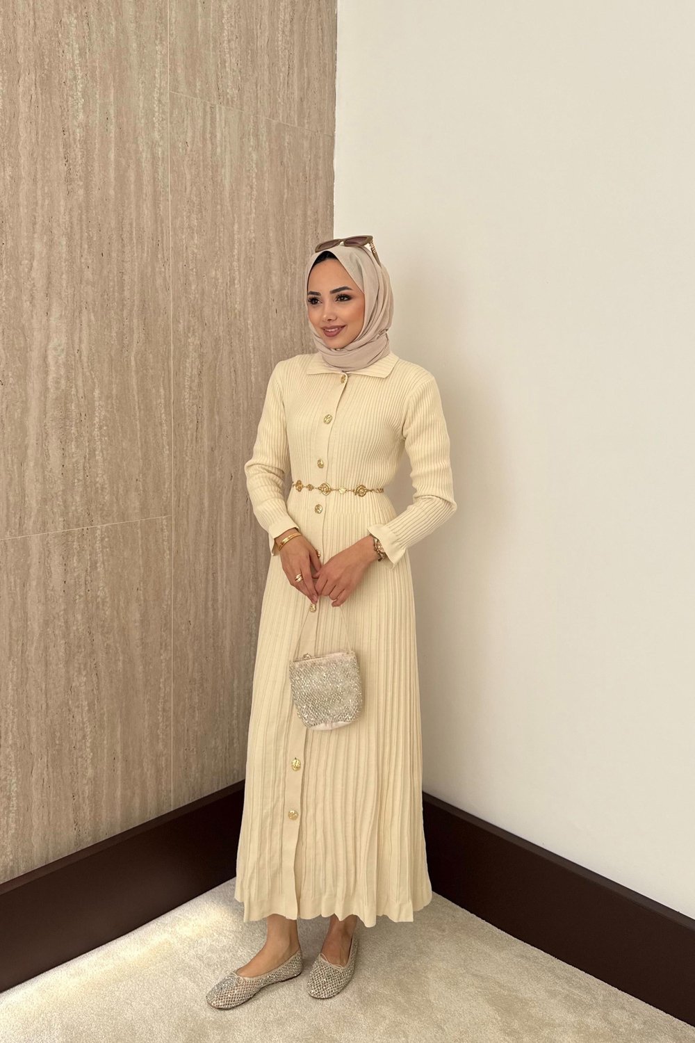 Gold Düğmeli Triko Elbise - Krem