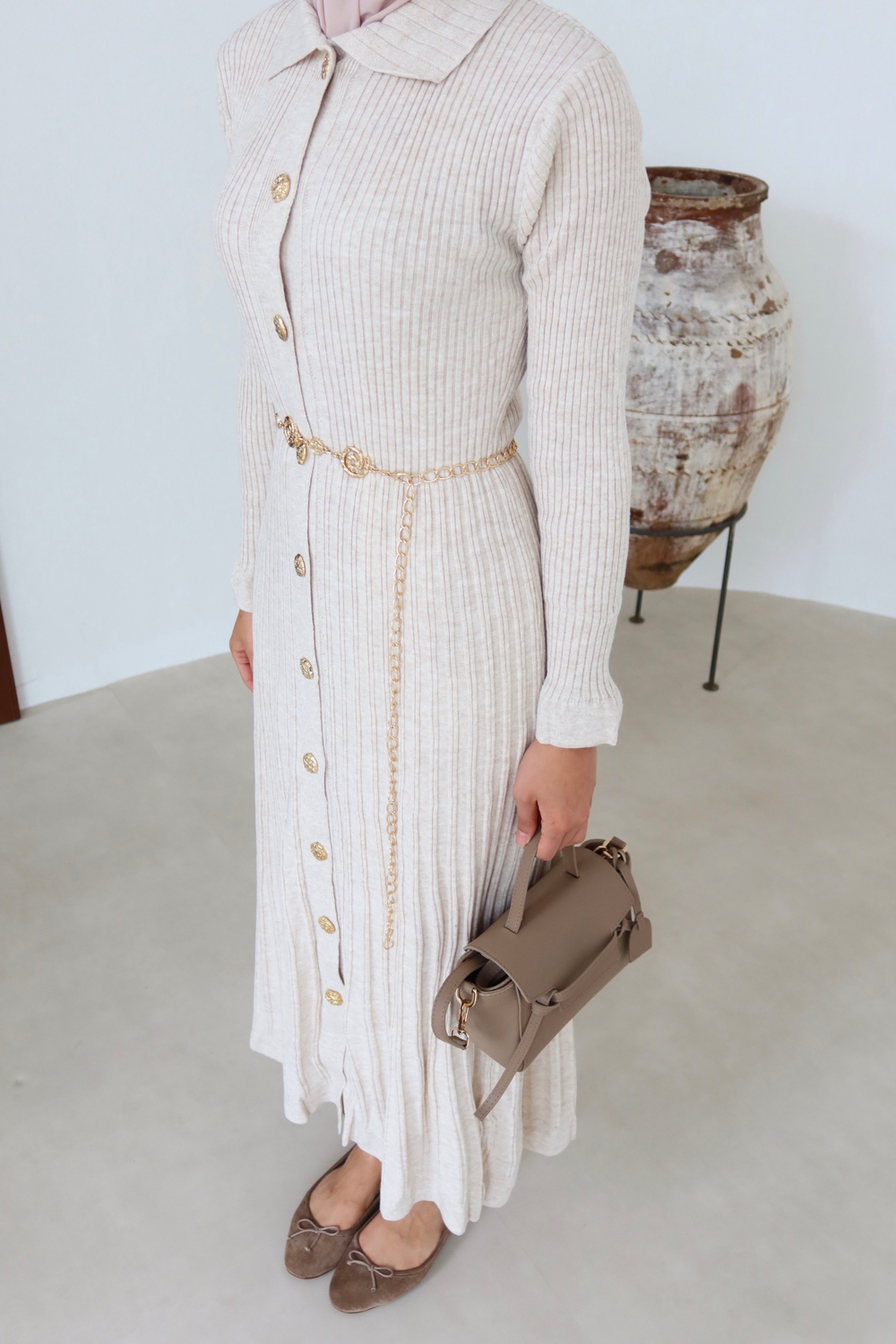 Gold Buttoned Knit Dress - Stone