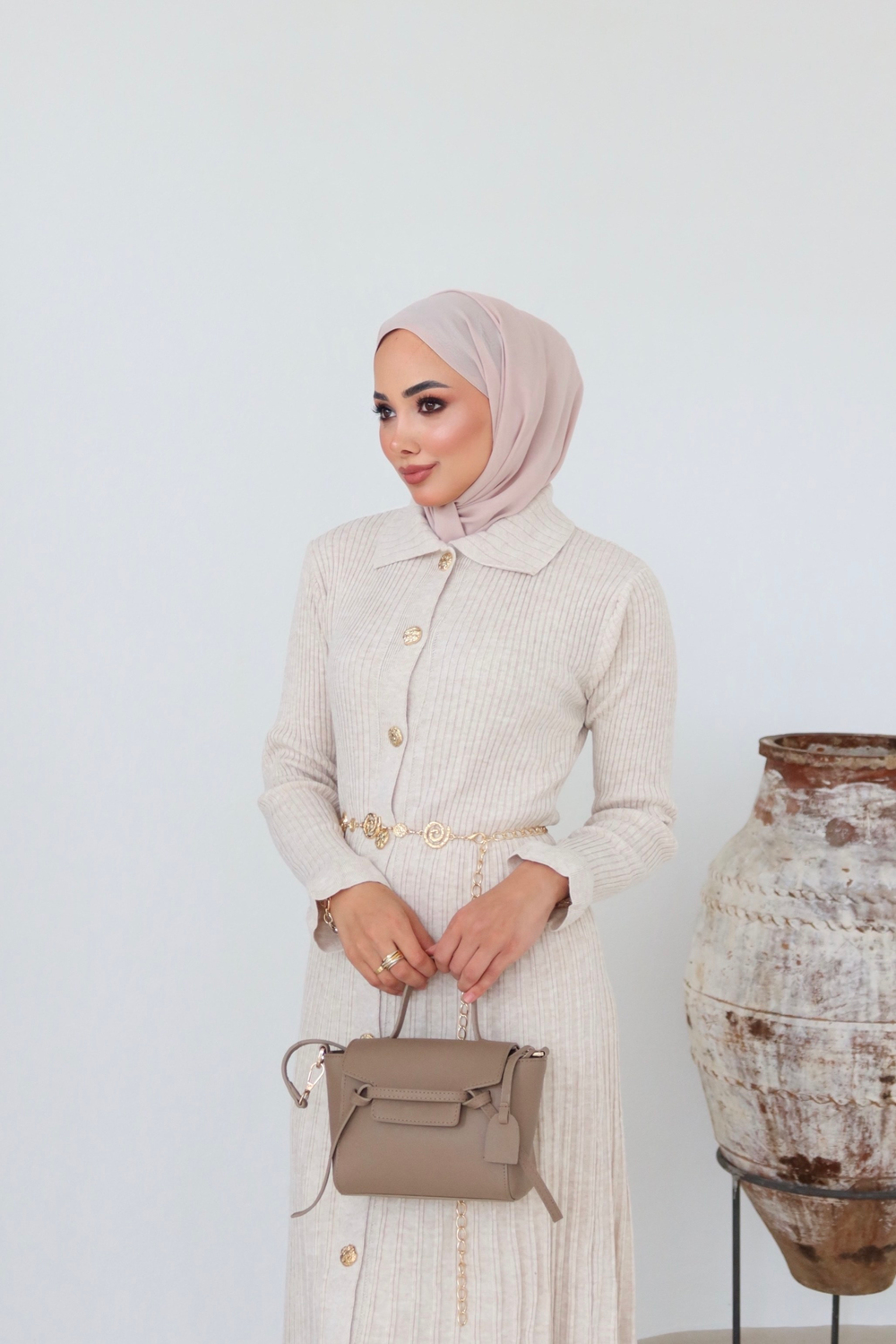 Gold Buttoned Knit Dress - Stone