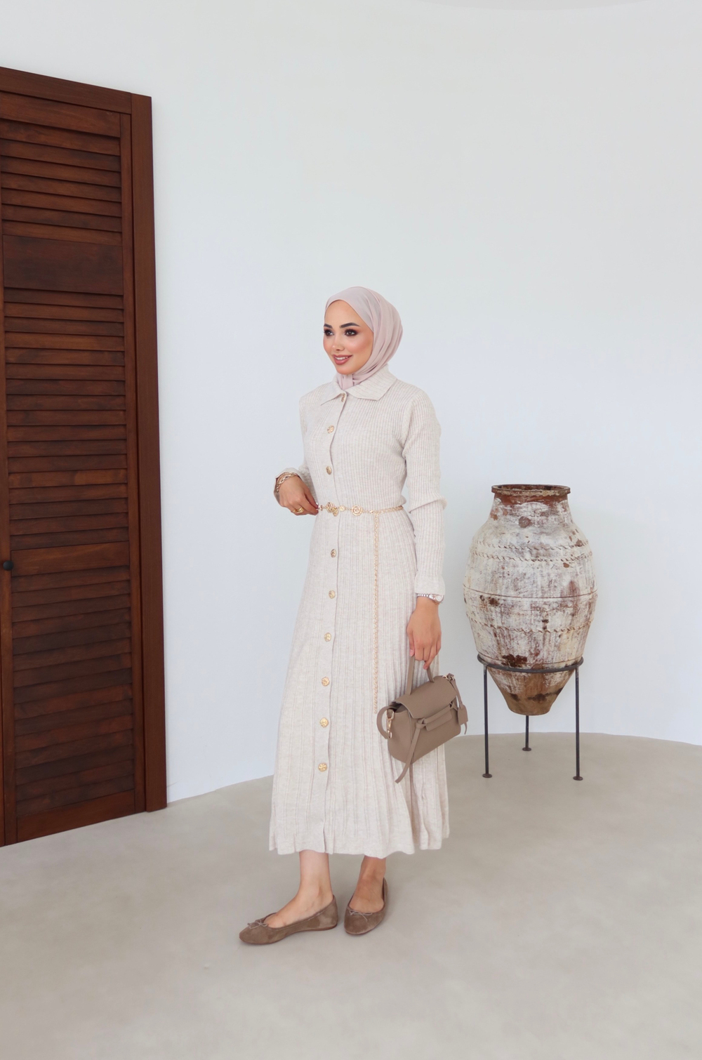 Gold Buttoned Knit Dress - Stone