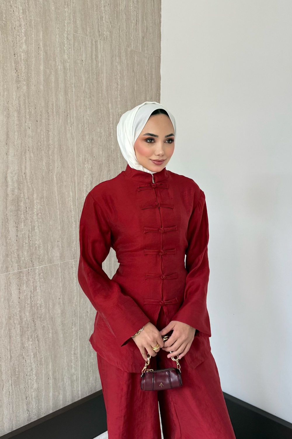 Hope Birit Düğmeli Pantolonlu Takım - Kırmızı