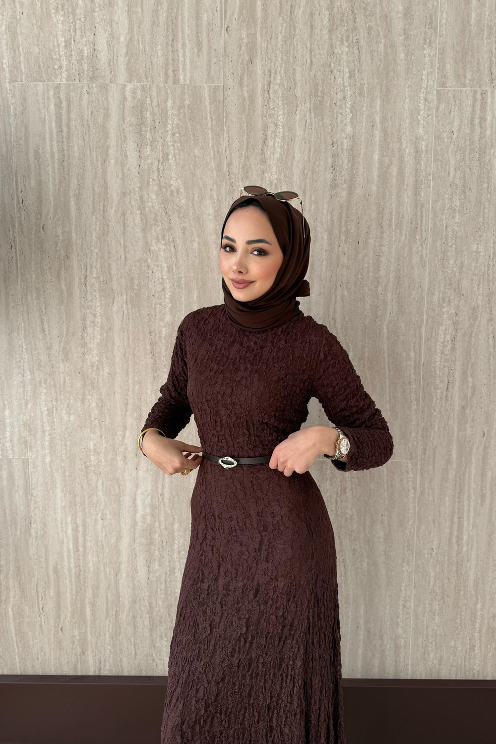 Kemerli Dantel Elbise - Kahve
