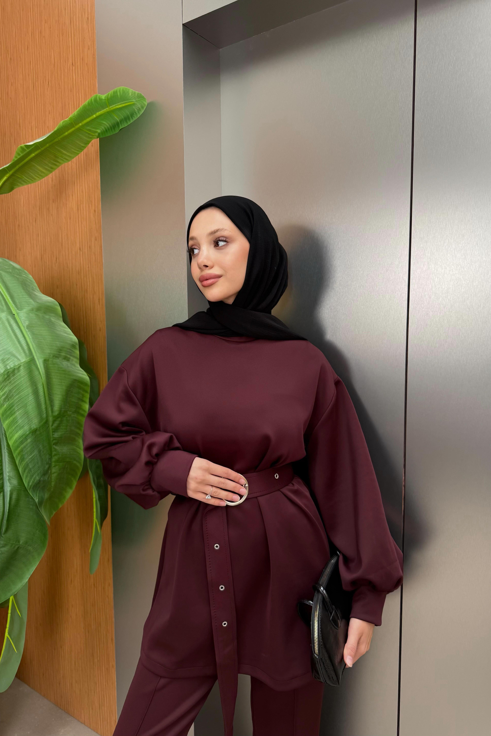 Kemerli Scuba Pantolonlu Takım - Mürdüm