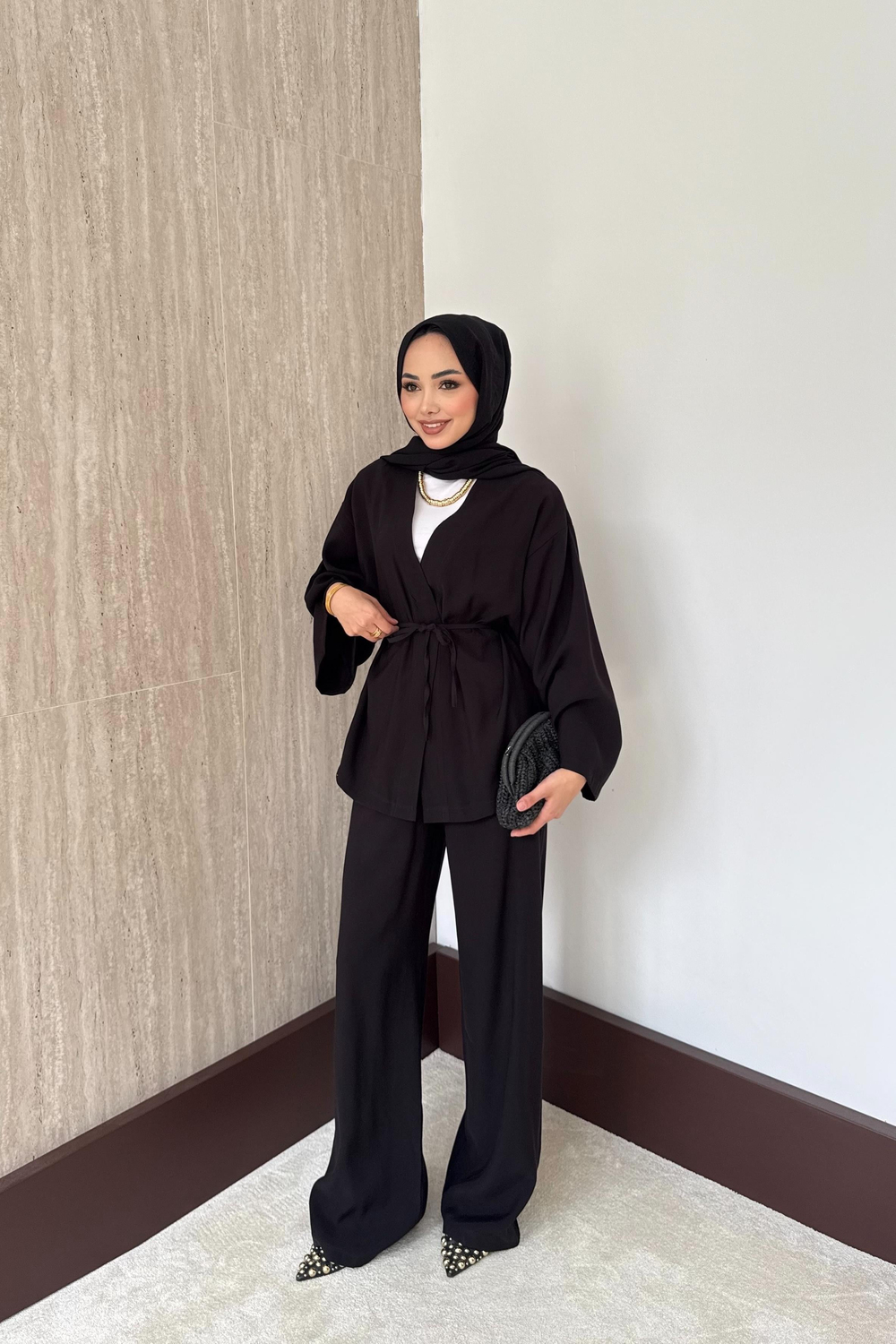 Kimonolu Modal Pantolonlu Takım - Siyah