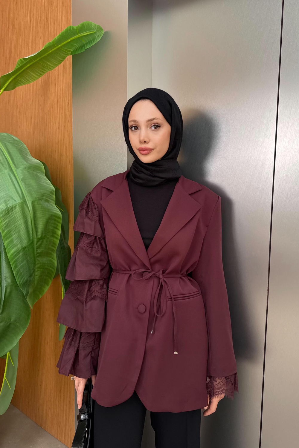 Kol Dantelli Premium Ceket - Bordo