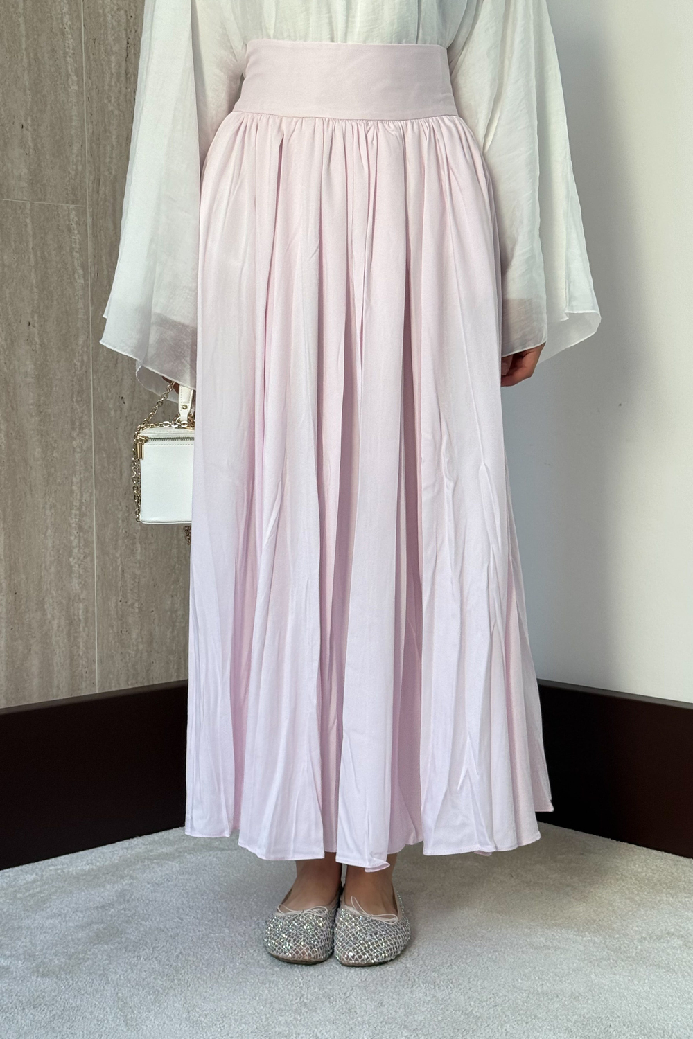 Kraşlı Saten Etek - Pembe