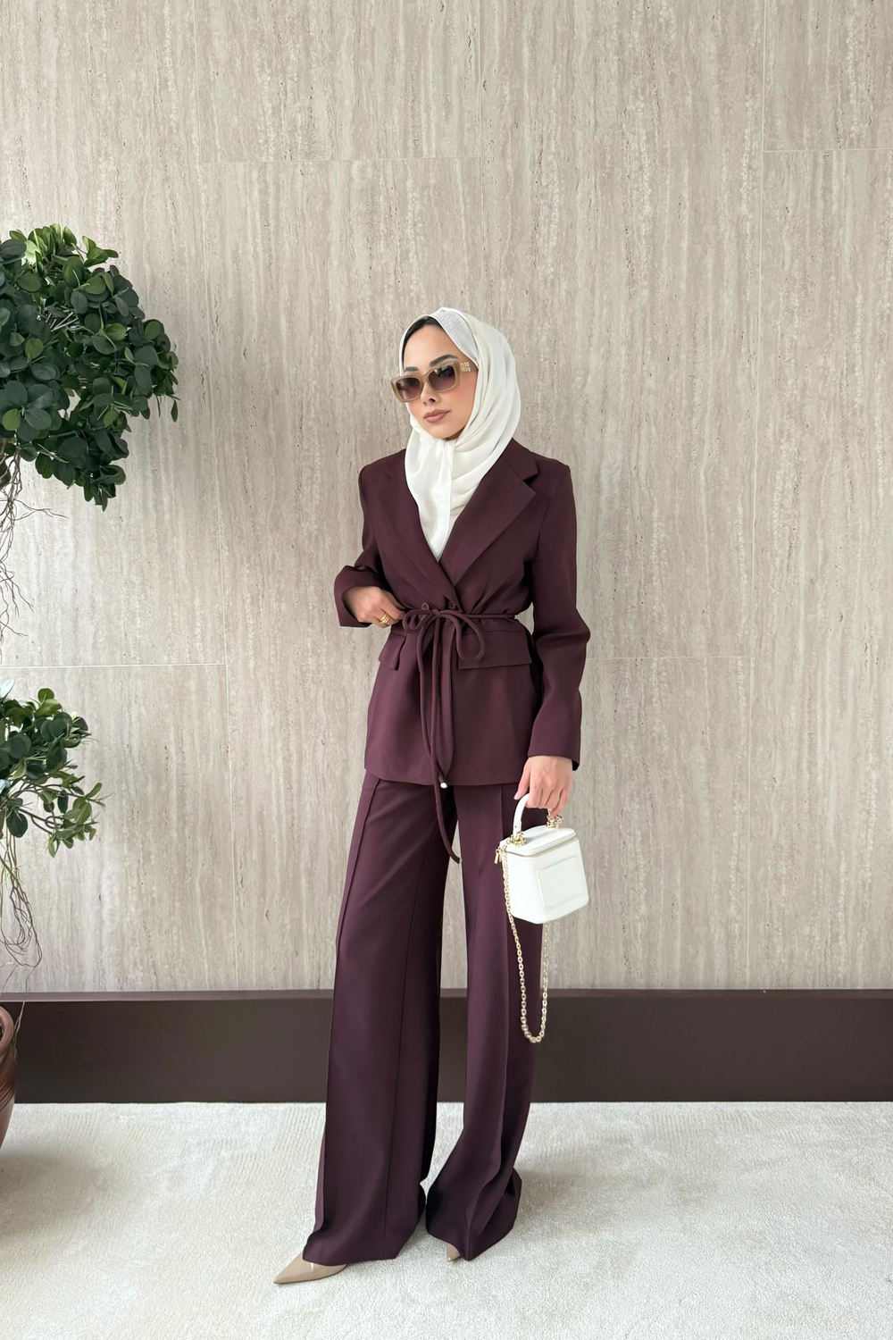 Kruvaze Yaka Blazer Ceketli Takım - Bordo