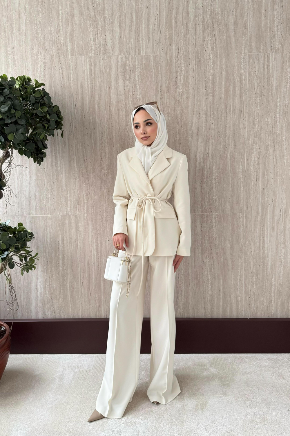 Kruvaze Yaka Blazer Ceketli Takım - Ekru